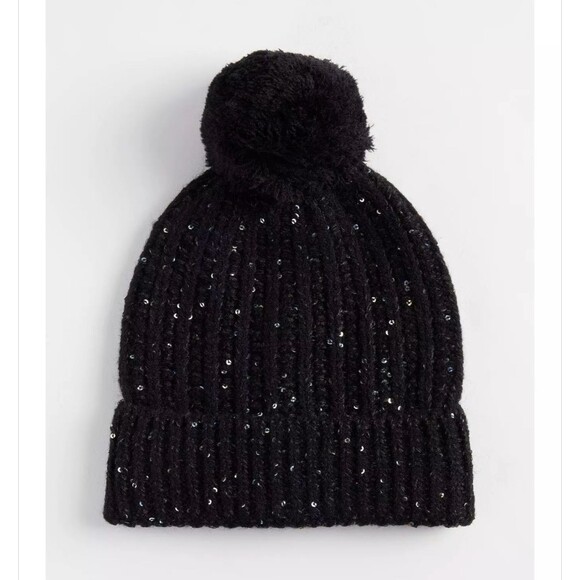 Torrid Cuffed Beanie Black Sequin Pom Pom Knit Foldover Shimmer Iridescent NWT - Picture 3 of 4